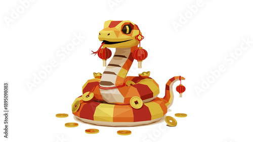 Colorful geometric snake with lanterns and gold coins in low poly art style
