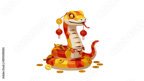 Geometric snake with coins and lanterns: symbol of wealth and luck