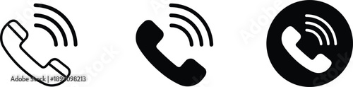 Phone call and incoming communication icon set in outline solid and circle styles for mobile interface design