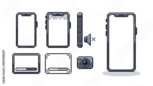 Pixel art smartphone icons set with damage and muted sound features