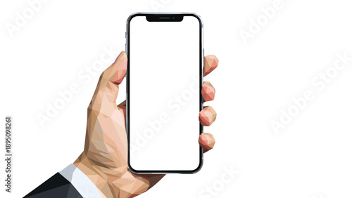 Low poly art hand holding smartphone with blank screen