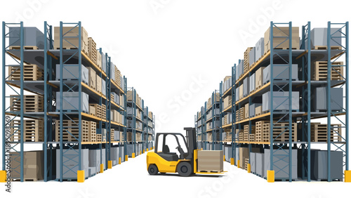 Warehouse logistics with forklift and shelves loaded with pallets and boxes in a modern distribution center