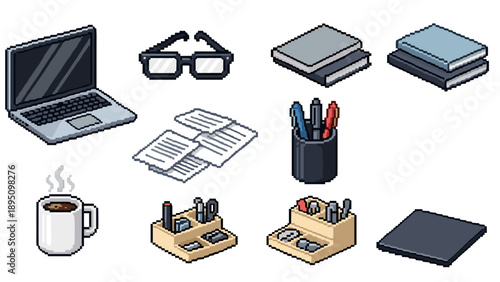 Pixel art office essentials: laptop, notebooks, and stationery set for creative workspaces
