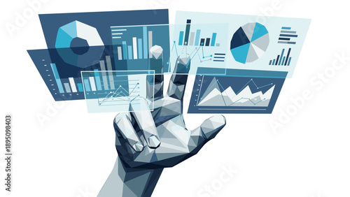 Geometric 3d hand interacting with digital data graphs and charts