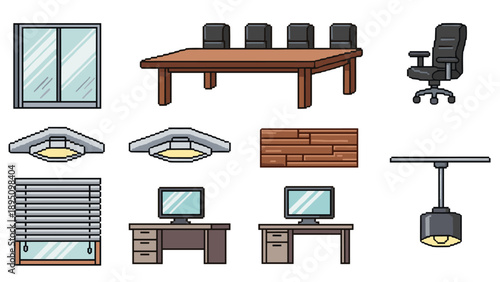 Pixel art office interiors: furniture and lighting set for retro gaming design