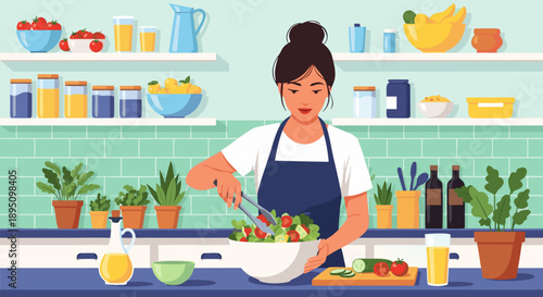 A delicious meal preparation vector illustration of a woman mixing a fresh salad in a kitchen scene with healthy ingredients