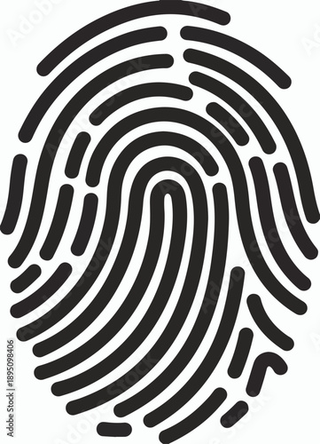 Black fingerprint graphic on a white background representing identity and security biometric scan
