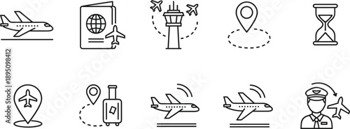 Air travel and airport line icon set with airplane passport navigation luggage pilot and flight symbols