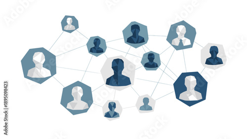 Abstract network of polygonal human connections in blue tones