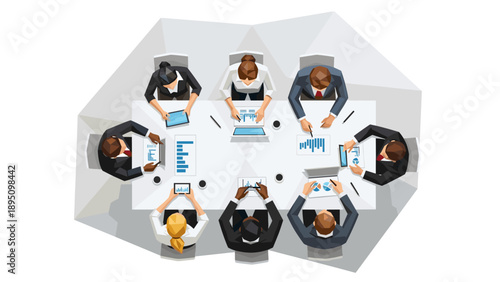 Creative meeting: top view of diverse business team analyzing data around table