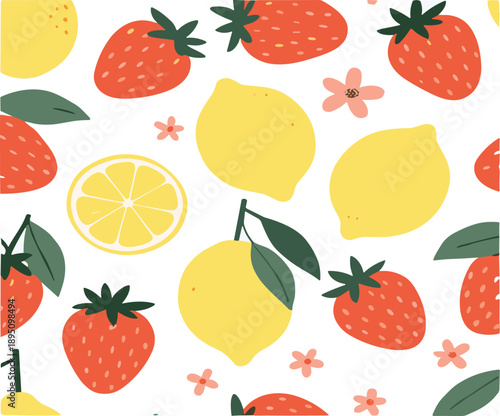 Seamless strawberry and lemon pattern with citrus slices and flowers, colorful flat vector illustration for summer food background