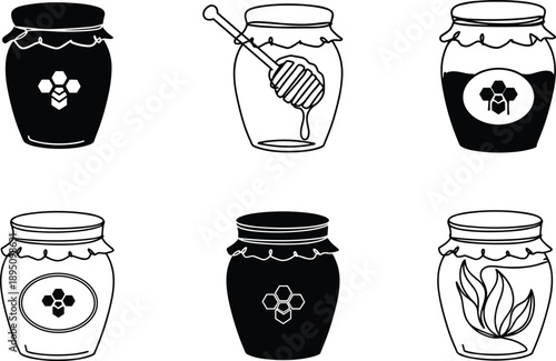 Set of six different black silhouette vector illustrations of honey jars with dipper and leaf designs on white background