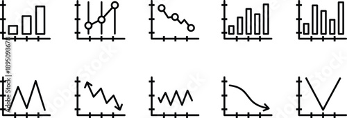 Business chart and graph line icon set showing analytics trends statistics growth decline and data visualization symbols