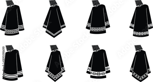 Set of traditional embroidered tunic silhouette designs, ethnic folk costume vector illustration, black and white fashion garment pattern collection