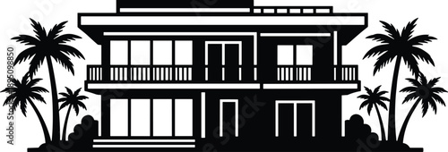 Minimal vector silhouette, luxury villa with palm trees, solid black, isolated on white.
