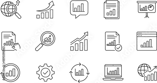 Business analytics growth and data analysis line icon set with charts reports performance and strategy symbols