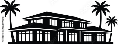 Minimal vector silhouette, luxury villa with palm trees, solid black, isolated on white.