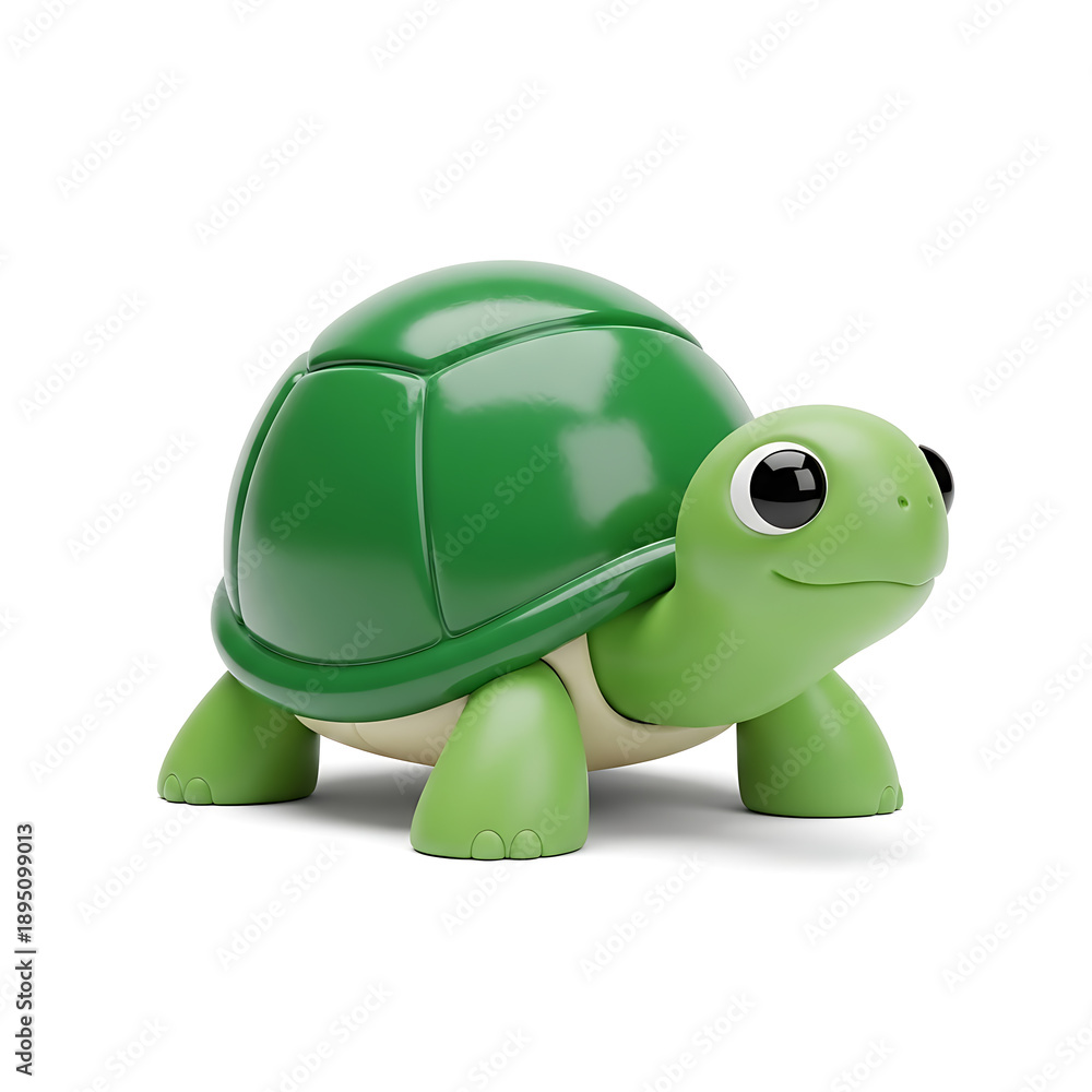 Obraz premium Cute green turtle toy with big eyes on white background