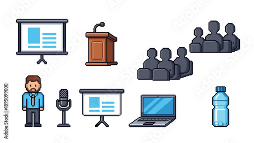 Conference icon set with pixel art style featuring speaker, audience, and presentation elements