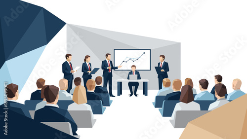 Business presentation seminar with audience and graphs in modern geometric style