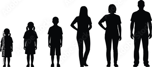 Set of Black Silhouettes of Family Members from Children to Adults Standing in a Row for Human Growth Development and Multi Generational Concept Isolated on White
