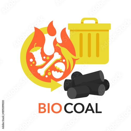 Biocoal emblem - renewable carbon material. In flat colors