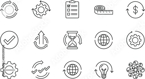 Business process management and productivity line icon set with workflow planning time finance and optimization symbols