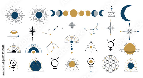 “Mystic Celestial Symbols and Astrology Elements Set, isolated on a transparent background”