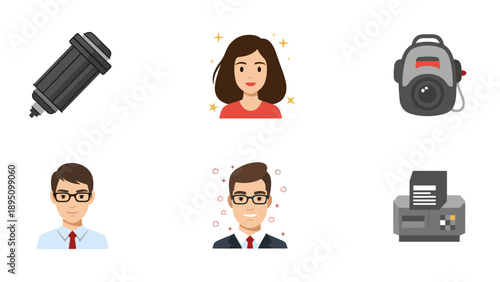 Diverse avatars and equipment icons featuring people and office supplies