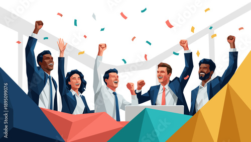 Celebratory office team cheering with raised arms and falling confetti