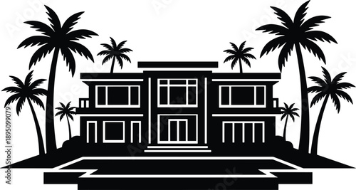 Minimal vector silhouette, luxury villa with palm trees, solid black, isolated on white.