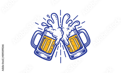 Two beer mugs clinking in a celebratory toast illustrated in blue and gold