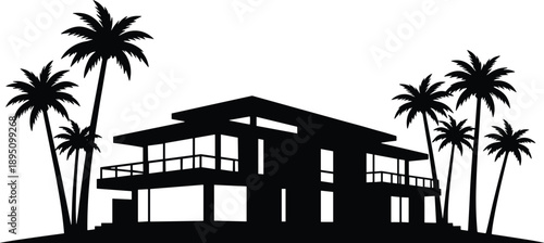Minimal vector silhouette, luxury villa with palm trees, solid black, isolated on white.