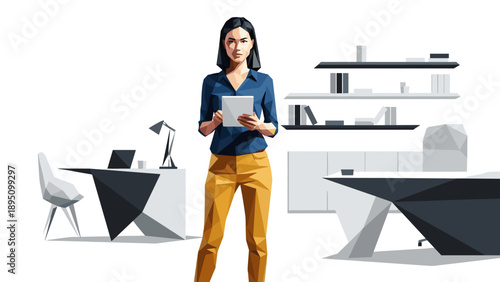 Modern office low poly art: professional businesswoman with tablet technology