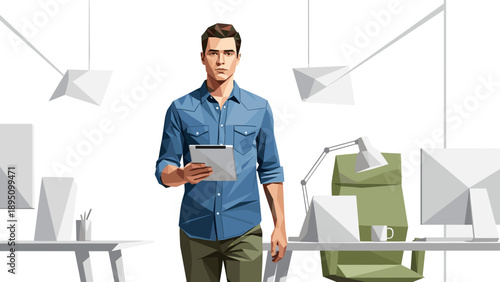 Modern office scene with geometric elements and professional businessman
