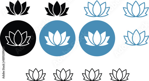 Minimal lotus flower logo icon set in outline and solid styles for wellness yoga branding design