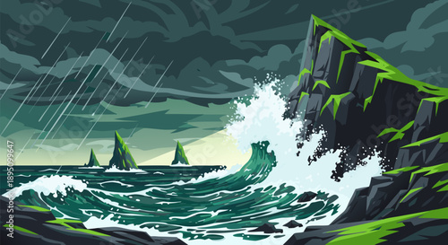 Dramatic vector illustration of a stormy sea with crashing waves against rocky shores and distant lighthouses