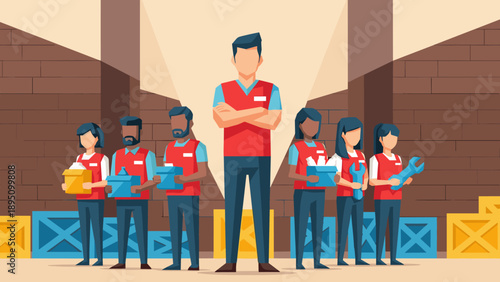 Team of diverse warehouse workers in modern flat style