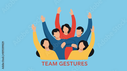 Team collaboration concept with diverse professionals giving high fives on blue background