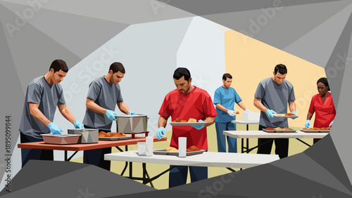 Volunteers serving food at community event in polygonal art style