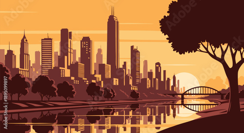 Stylized vector illustration of a sunset over a sprawling city skyline reflected in a calm river with a bridge and trees
