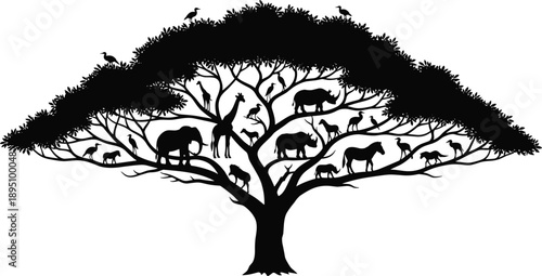 African safari wildlife tree silhouette illustration, animals and birds integrated in baobab style canopy vector design isolated on white background