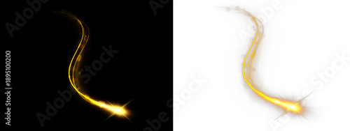 Golden energy ribbon sweeps dynamically in glowing spiral motion. Light particles add fantasy brilliance and depth. Ideal for premium design elements and effects.