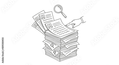 Hand searching documents in a stack with a magnifying glass