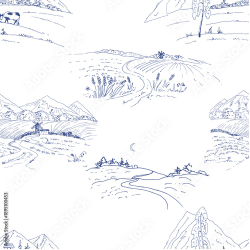 Blue rural landscape with fields, cow,  toile pattern.