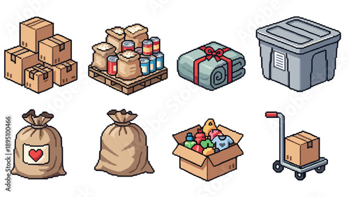 Isometric pixel art of donation and storage supplies in various forms