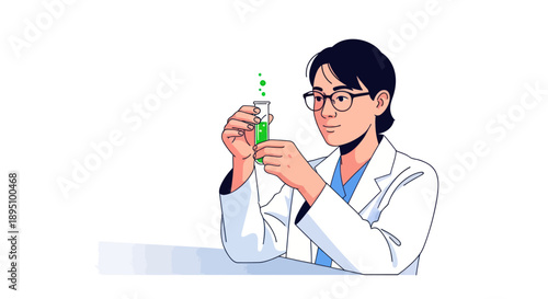 Scientist in lab coat examines green liquid in test tube with bubbles