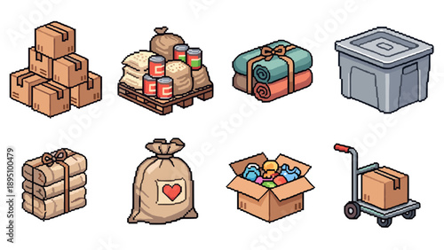 Charity donation supplies in pixel art style