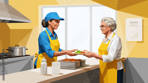 Community kitchen: volunteers helping serve meals in geometric art style
