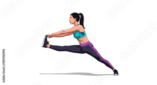 Woman in sportswear doing a wide leg stretch against a white background.